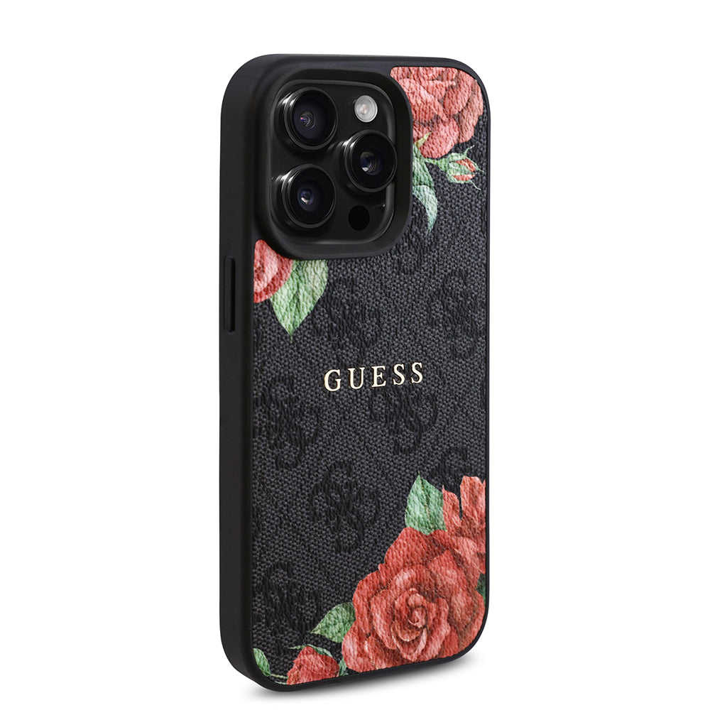 Apple iPhone 15 Pro Max Kılıf Guess Orjinal Lisanslı M-safe Şarj Özellikli Gül Baskılı 4G Desenli Yazı Logolu Kapak Siyah