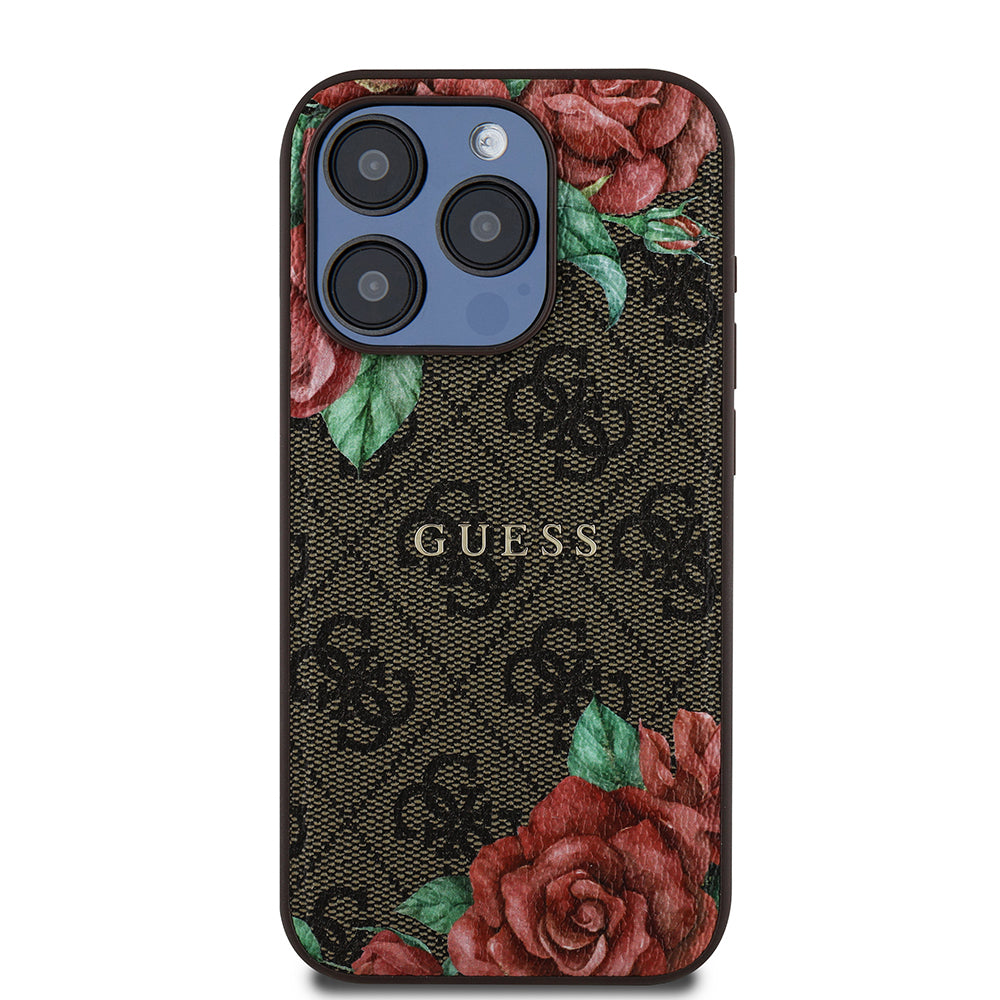 Apple iPhone 15 Pro Max Kılıf Guess Orjinal Lisanslı M-safe Şarj Özellikli Gül Baskılı 4G Desenli Yazı Logolu Kapak Siyah
