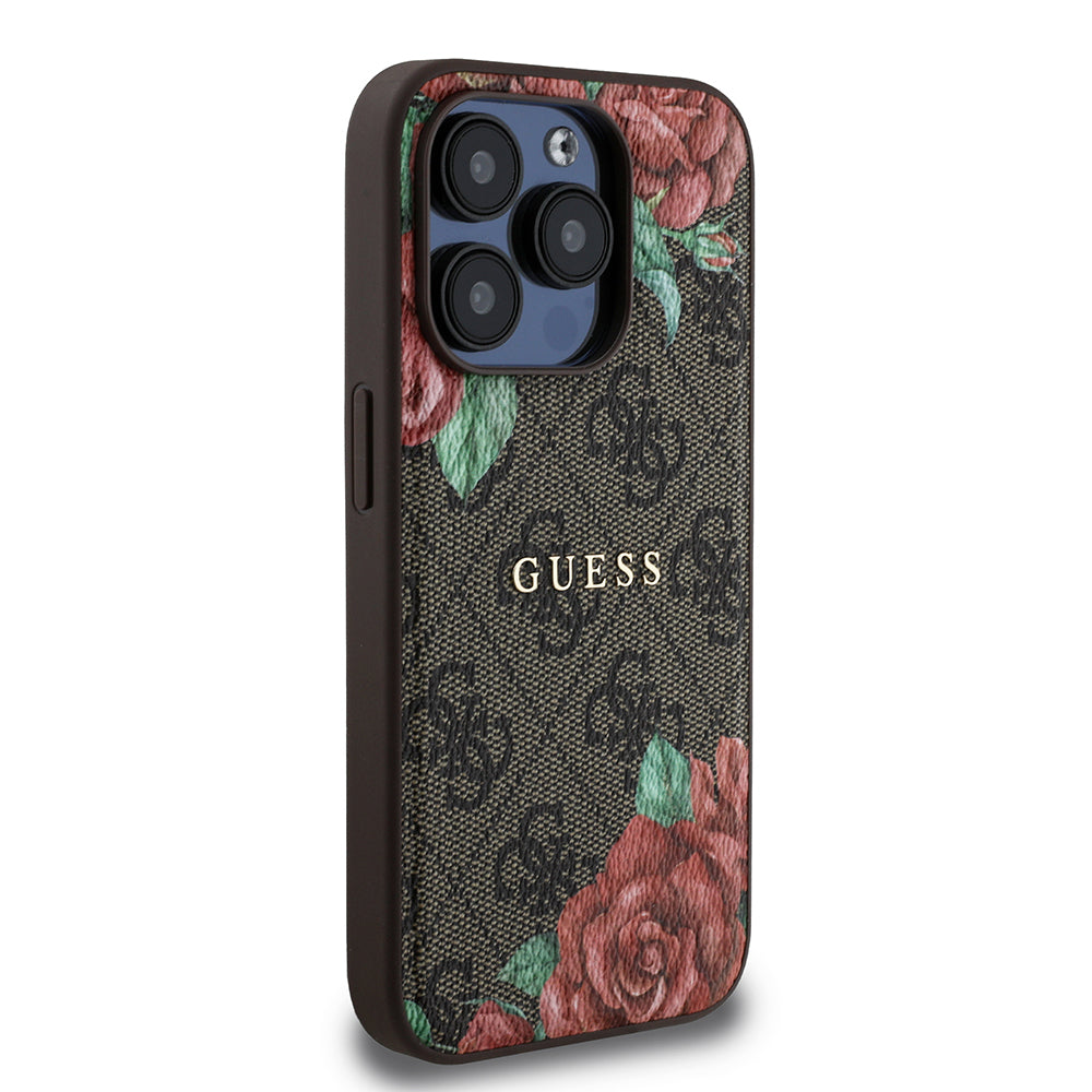 Apple iPhone 15 Pro Max Kılıf Guess Orjinal Lisanslı M-safe Şarj Özellikli Gül Baskılı 4G Desenli Yazı Logolu Kapak Siyah