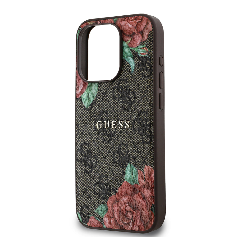 Apple iPhone 15 Pro Max Kılıf Guess Orjinal Lisanslı M-safe Şarj Özellikli Gül Baskılı 4G Desenli Yazı Logolu Kapak Siyah