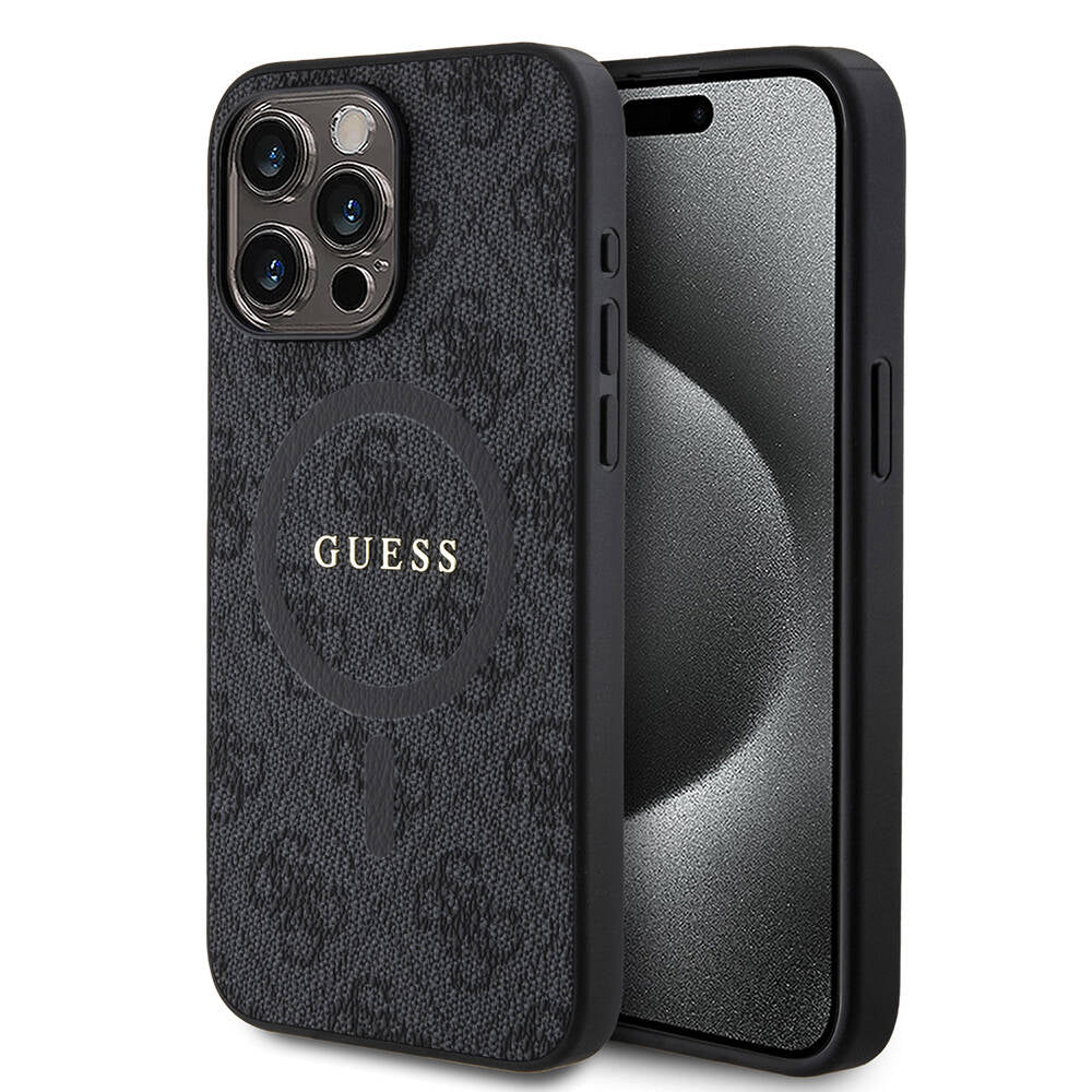 Apple iPhone 15 Pro Max Kılıf Guess Orjinal Lisanslı M-safe Şarj Özellikli PU Halkalı 4G Desenli Yazı Logolu Kapak Pembe
