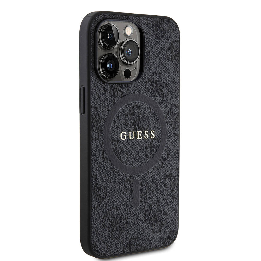 Apple iPhone 15 Pro Max Kılıf Guess Orjinal Lisanslı M-safe Şarj Özellikli PU Halkalı 4G Desenli Yazı Logolu Kapak Pembe