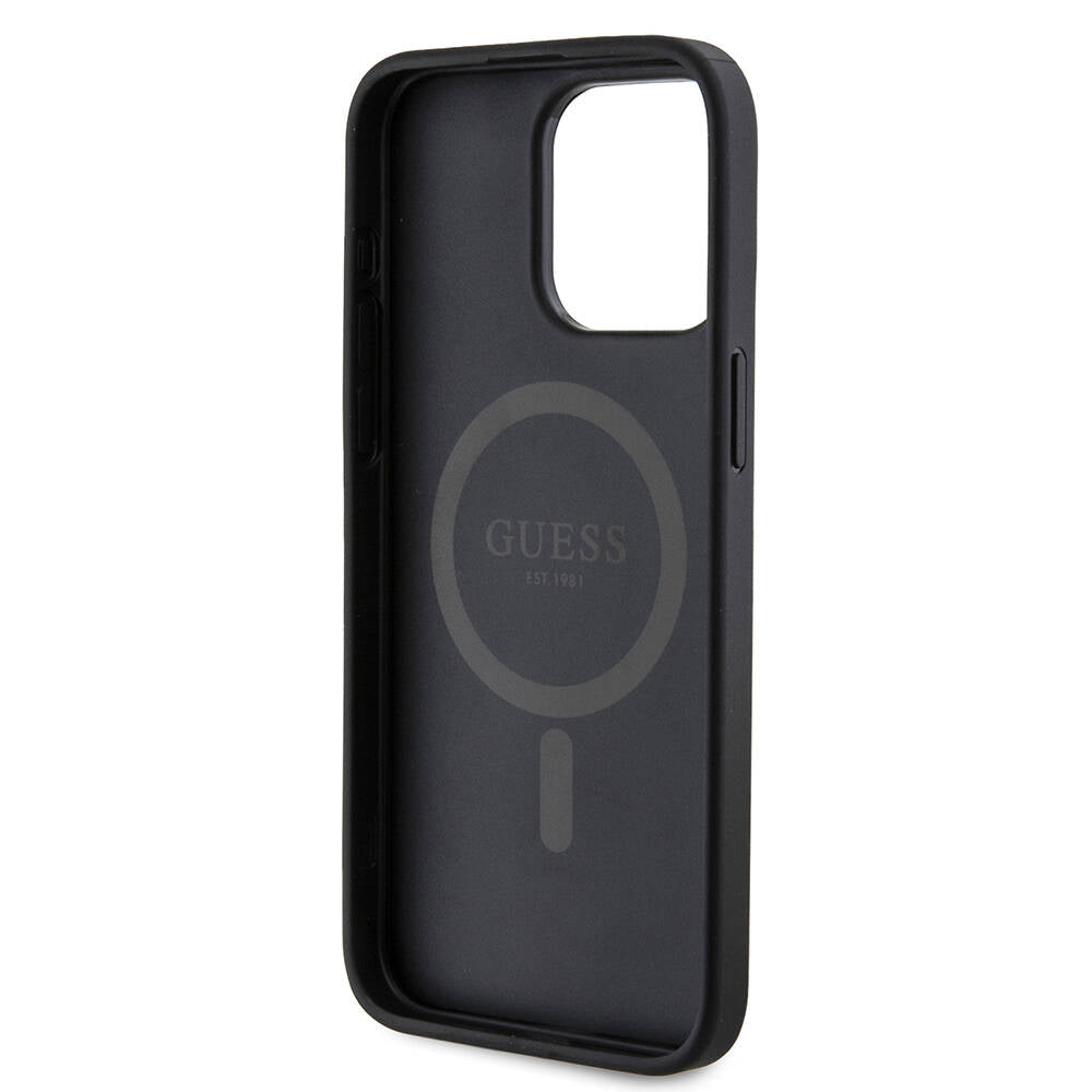 Apple iPhone 15 Pro Max Kılıf Guess Orjinal Lisanslı M-safe Şarj Özellikli PU Halkalı 4G Desenli Yazı Logolu Kapak Pembe
