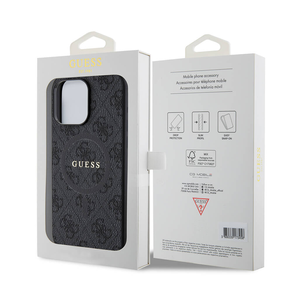 Apple iPhone 15 Pro Max Kılıf Guess Orjinal Lisanslı M-safe Şarj Özellikli PU Halkalı 4G Desenli Yazı Logolu Kapak Pembe