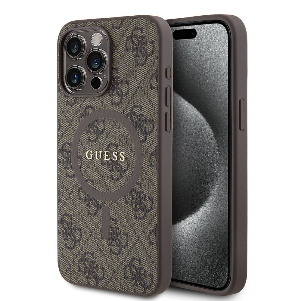 Apple iPhone 15 Pro Max Kılıf Guess Orjinal Lisanslı M-safe Şarj Özellikli PU Halkalı 4G Desenli Yazı Logolu Kapak Pembe