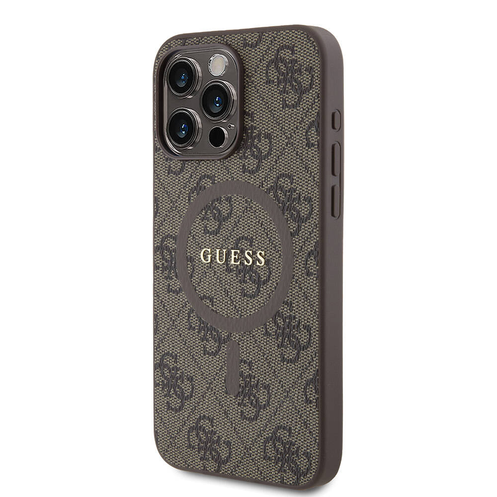 Apple iPhone 15 Pro Max Kılıf Guess Orjinal Lisanslı M-safe Şarj Özellikli PU Halkalı 4G Desenli Yazı Logolu Kapak Pembe