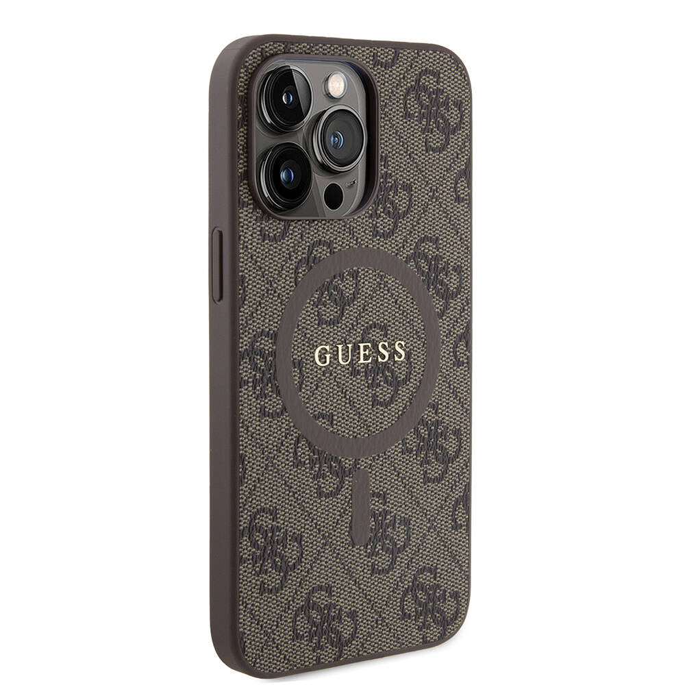 Apple iPhone 15 Pro Max Kılıf Guess Orjinal Lisanslı M-safe Şarj Özellikli PU Halkalı 4G Desenli Yazı Logolu Kapak Pembe