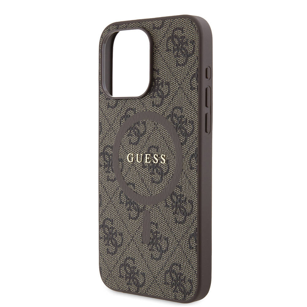 Apple iPhone 15 Pro Max Kılıf Guess Orjinal Lisanslı M-safe Şarj Özellikli PU Halkalı 4G Desenli Yazı Logolu Kapak Pembe