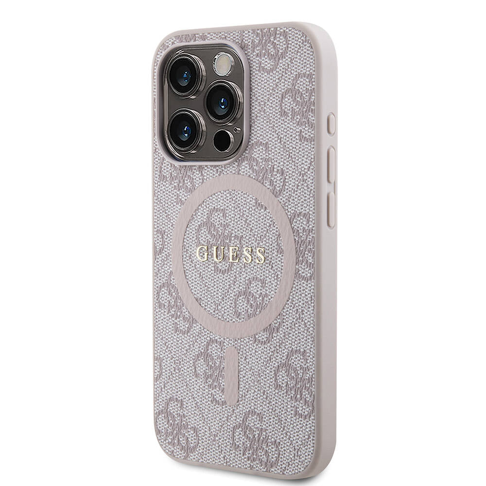 Apple iPhone 15 Pro Max Kılıf Guess Orjinal Lisanslı M-safe Şarj Özellikli PU Halkalı 4G Desenli Yazı Logolu Kapak Pembe