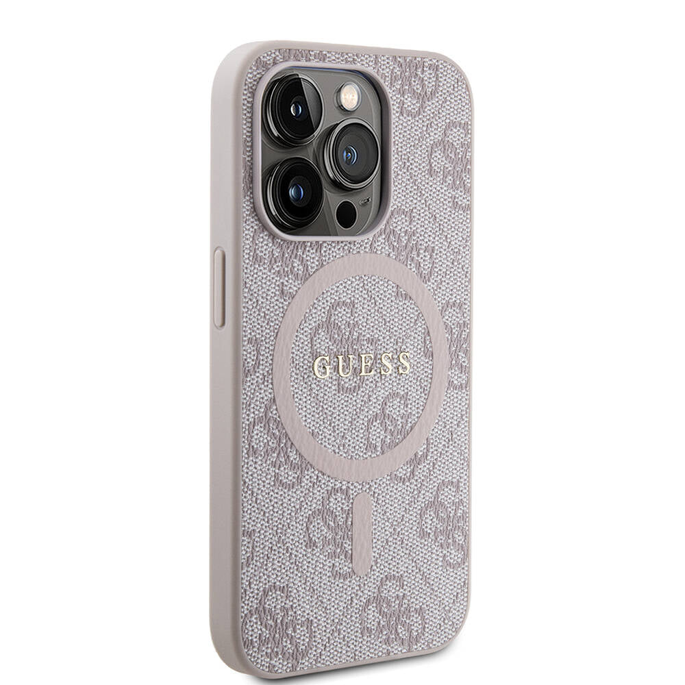 Apple iPhone 15 Pro Max Kılıf Guess Orjinal Lisanslı M-safe Şarj Özellikli PU Halkalı 4G Desenli Yazı Logolu Kapak Pembe