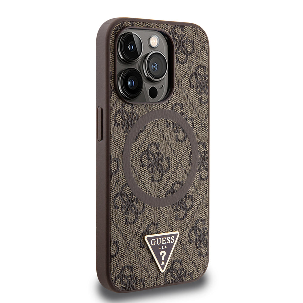 Apple iPhone 15 Pro Max Kılıf Guess Orjinal Lisanslı M-safe Şarj Özellikli PU Üçgen Logo 4G Desenli Kapak Pembe