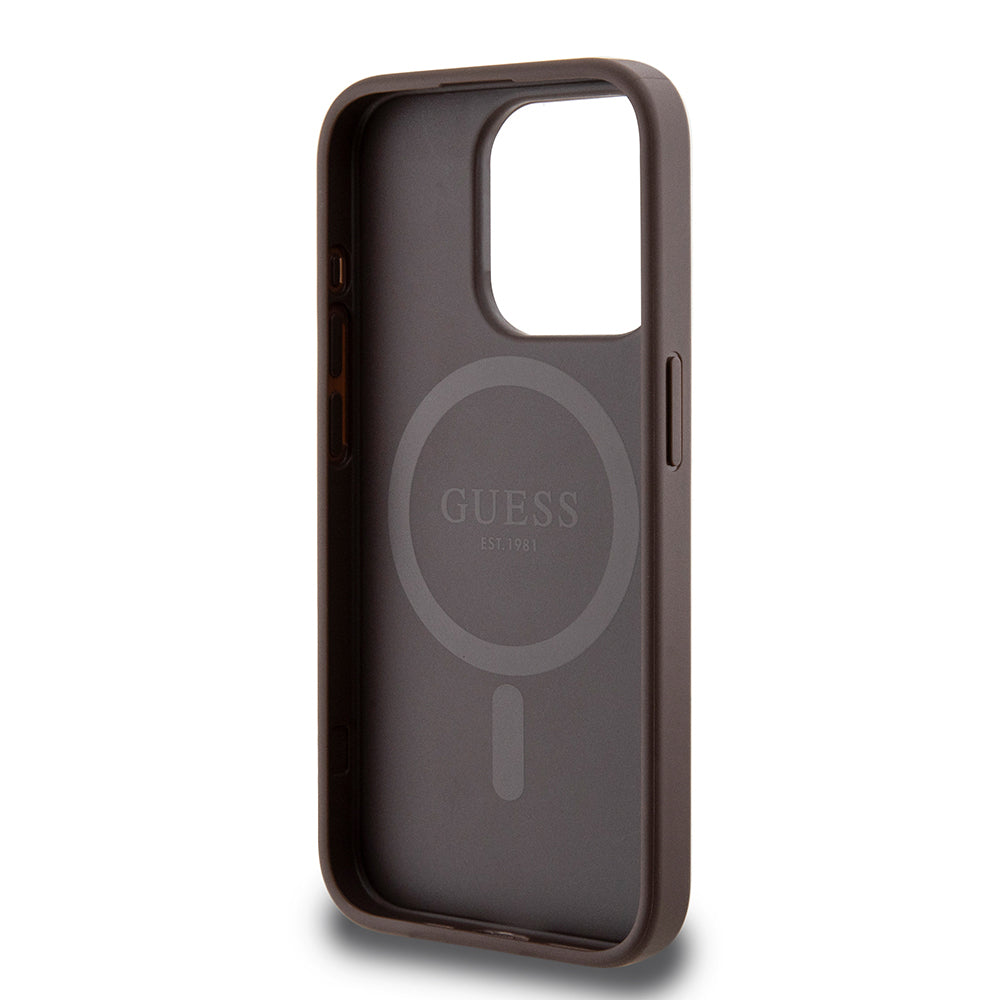 Apple iPhone 15 Pro Max Kılıf Guess Orjinal Lisanslı M-safe Şarj Özellikli PU Üçgen Logo 4G Desenli Kapak Siyah