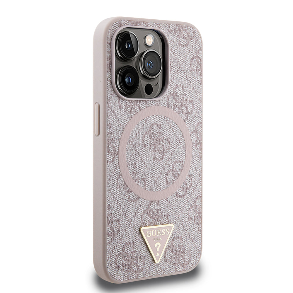 Apple iPhone 15 Pro Max Kılıf Guess Orjinal Lisanslı M-safe Şarj Özellikli PU Üçgen Logo 4G Desenli Kapak Pembe