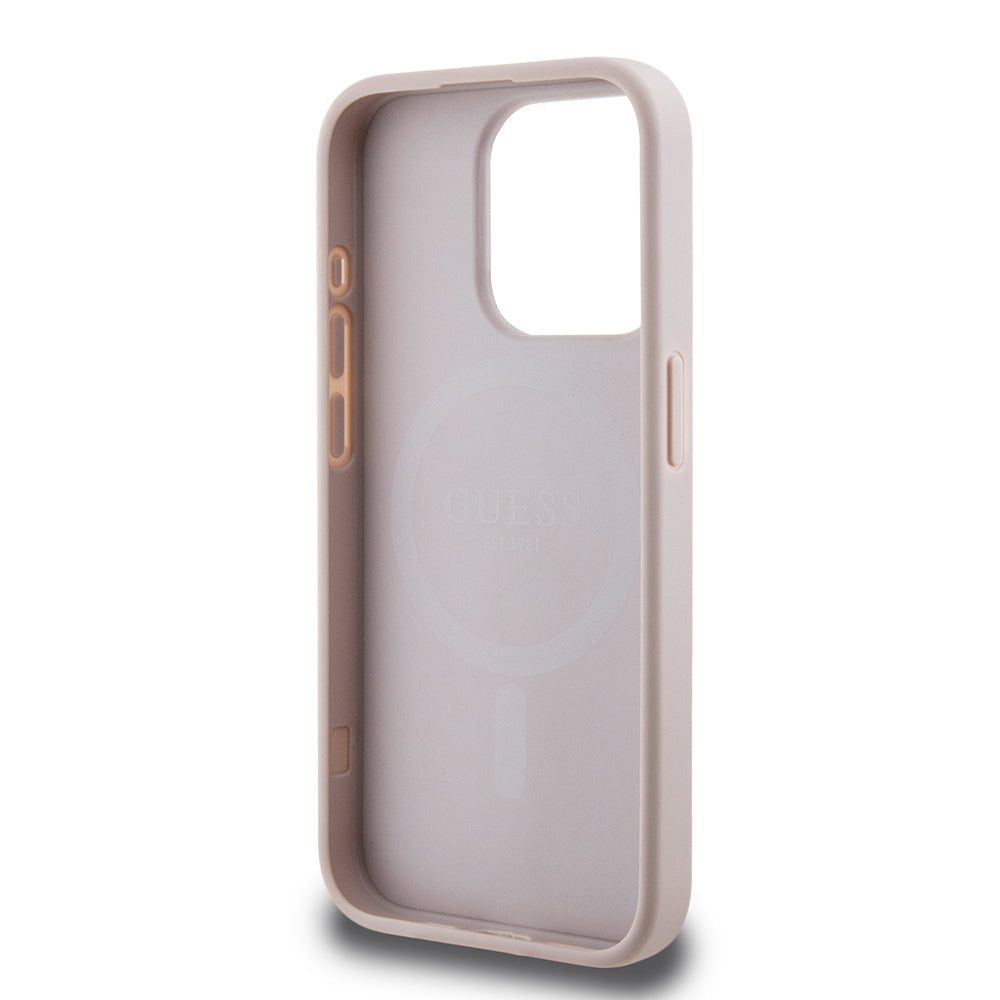 Apple iPhone 15 Pro Max Kılıf Guess Orjinal Lisanslı M-safe Şarj Özellikli PU Üçgen Logo 4G Desenli Kapak Pembe