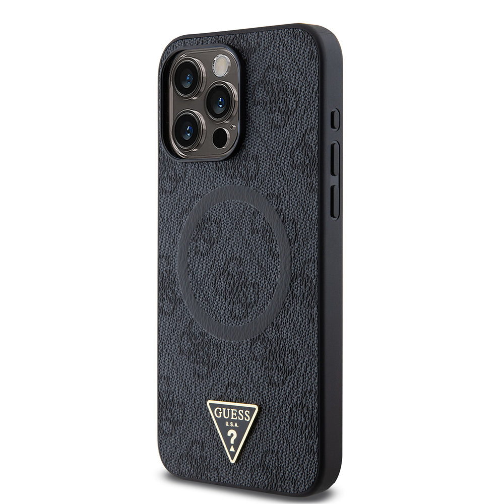Apple iPhone 15 Pro Max Kılıf Guess Orjinal Lisanslı M-safe Şarj Özellikli PU Üçgen Logo 4G Desenli Kapak Siyah