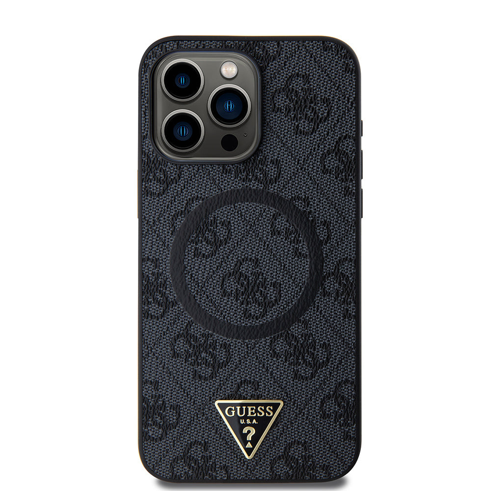 Apple iPhone 15 Pro Max Kılıf Guess Orjinal Lisanslı M-safe Şarj Özellikli PU Üçgen Logo 4G Desenli Kapak Pembe