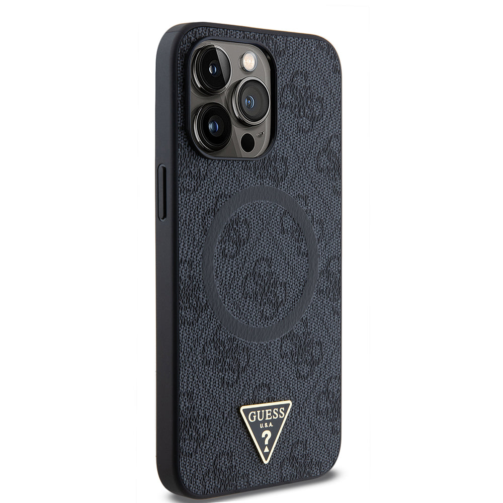 Apple iPhone 15 Pro Max Kılıf Guess Orjinal Lisanslı M-safe Şarj Özellikli PU Üçgen Logo 4G Desenli Kapak Siyah