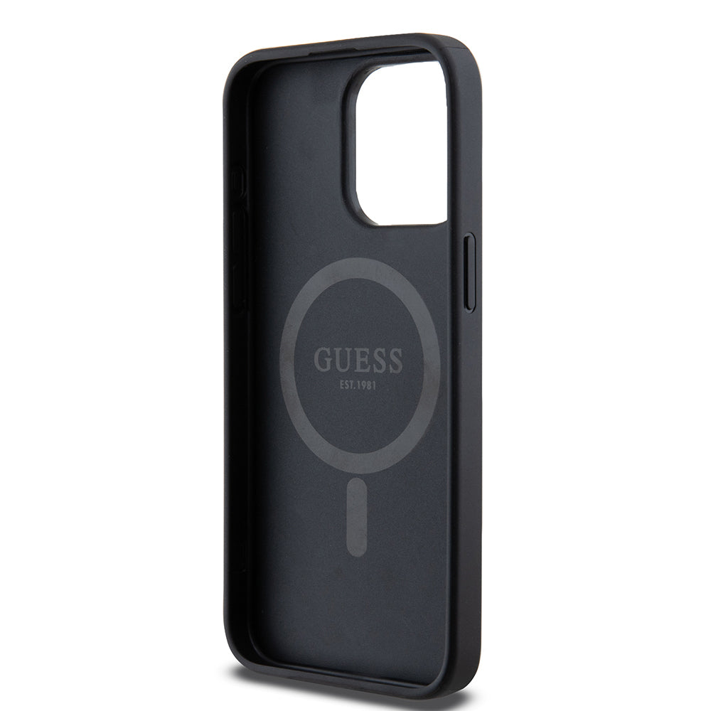 Apple iPhone 15 Pro Max Kılıf Guess Orjinal Lisanslı M-safe Şarj Özellikli PU Üçgen Logo 4G Desenli Kapak Siyah
