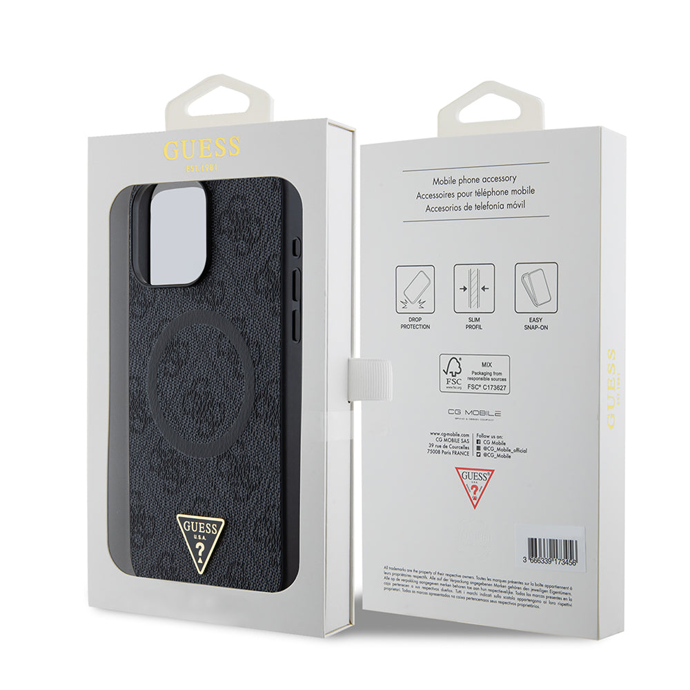 Apple iPhone 15 Pro Max Kılıf Guess Orjinal Lisanslı M-safe Şarj Özellikli PU Üçgen Logo 4G Desenli Kapak Pembe