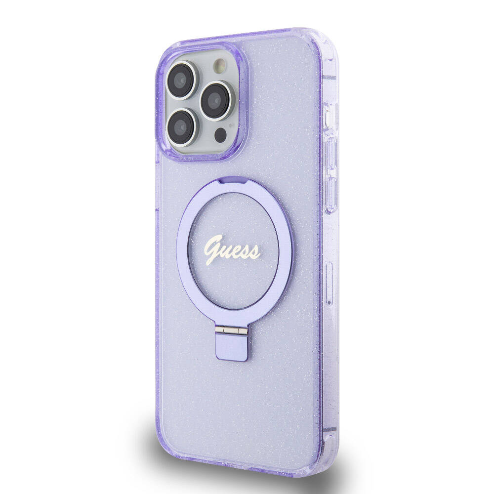 Apple iPhone 15 Pro Max Kılıf Guess Orjinal Lisanslı M-safe Şarj Özellikli Simli Arka Yüzey Ring Standlı Kapak Pembe