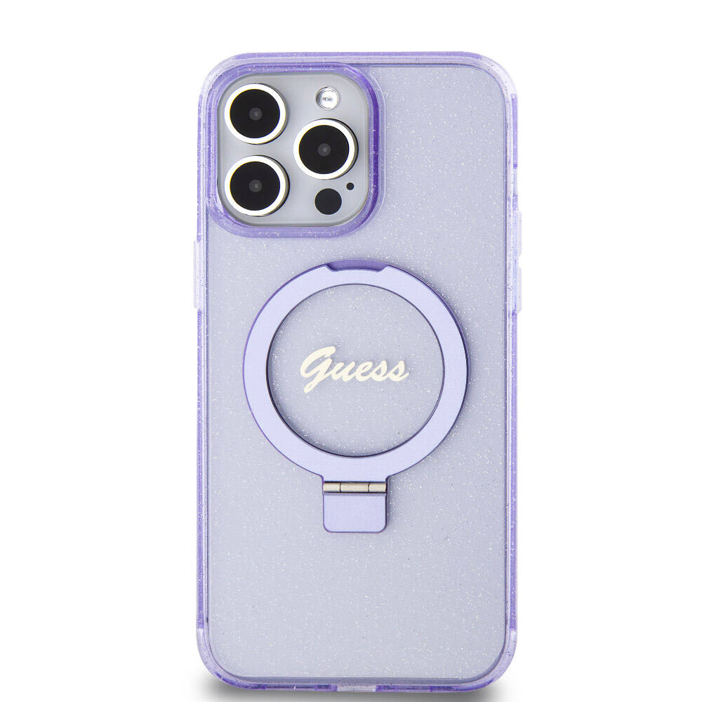 Apple iPhone 15 Pro Max Kılıf Guess Orjinal Lisanslı M-safe Şarj Özellikli Simli Arka Yüzey Ring Standlı Kapak Pembe