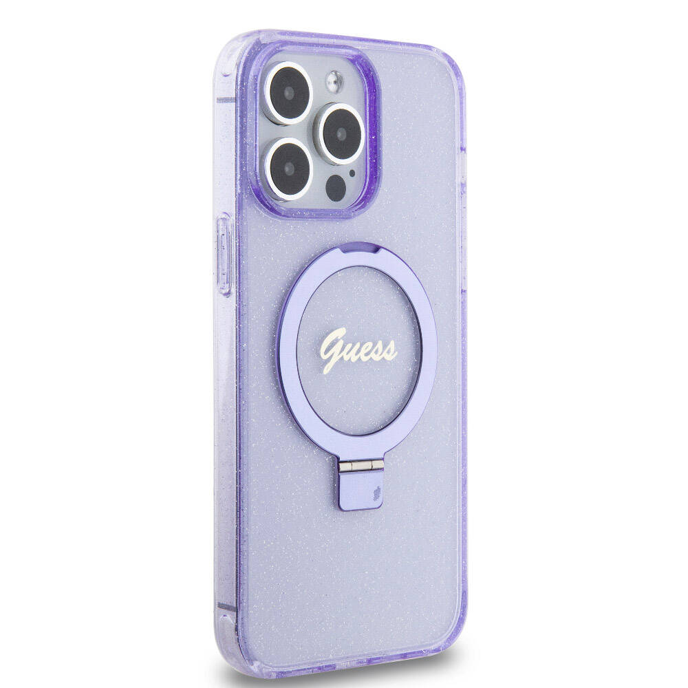 Apple iPhone 15 Pro Max Kılıf Guess Orjinal Lisanslı M-safe Şarj Özellikli Simli Arka Yüzey Ring Standlı Kapak Mor