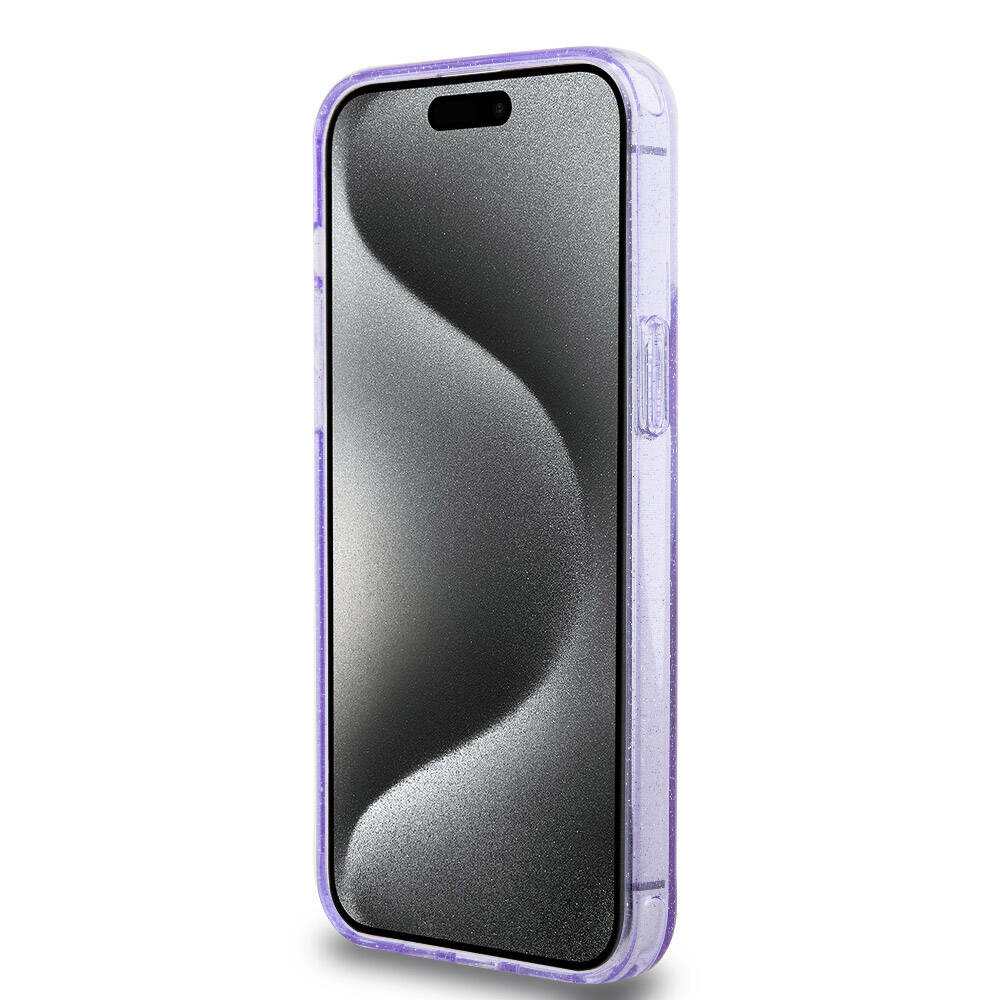 Apple iPhone 15 Pro Max Kılıf Guess Orjinal Lisanslı M-safe Şarj Özellikli Simli Arka Yüzey Ring Standlı Kapak Mor