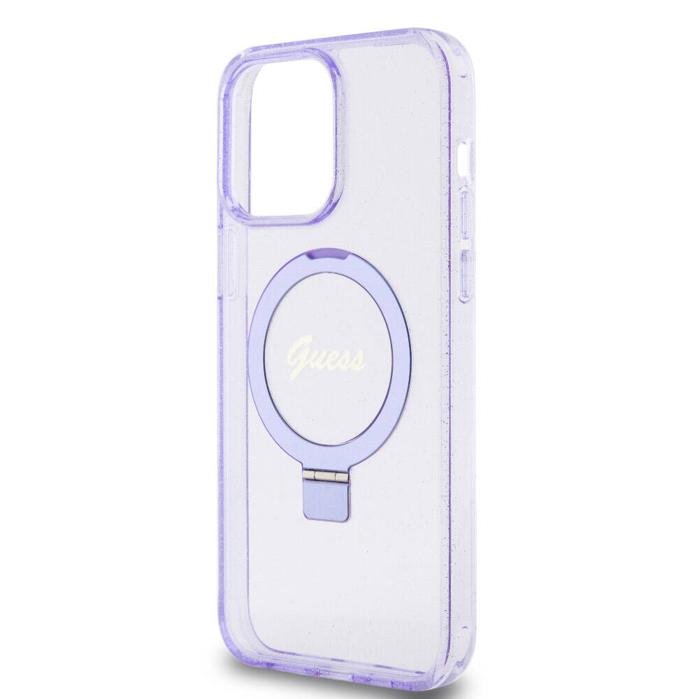 Apple iPhone 15 Pro Max Kılıf Guess Orjinal Lisanslı M-safe Şarj Özellikli Simli Arka Yüzey Ring Standlı Kapak Mor