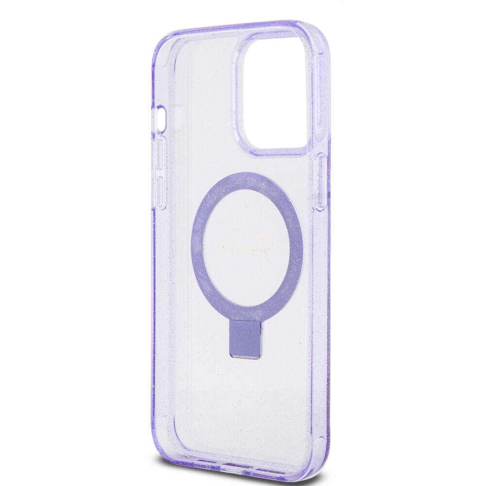 Apple iPhone 15 Pro Max Kılıf Guess Orjinal Lisanslı M-safe Şarj Özellikli Simli Arka Yüzey Ring Standlı Kapak Pembe