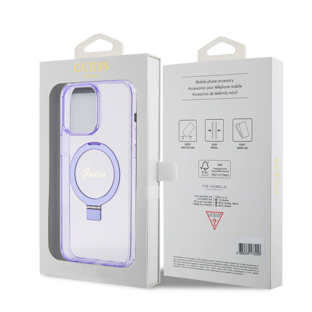 Apple iPhone 15 Pro Max Kılıf Guess Orjinal Lisanslı M-safe Şarj Özellikli Simli Arka Yüzey Ring Standlı Kapak Pembe