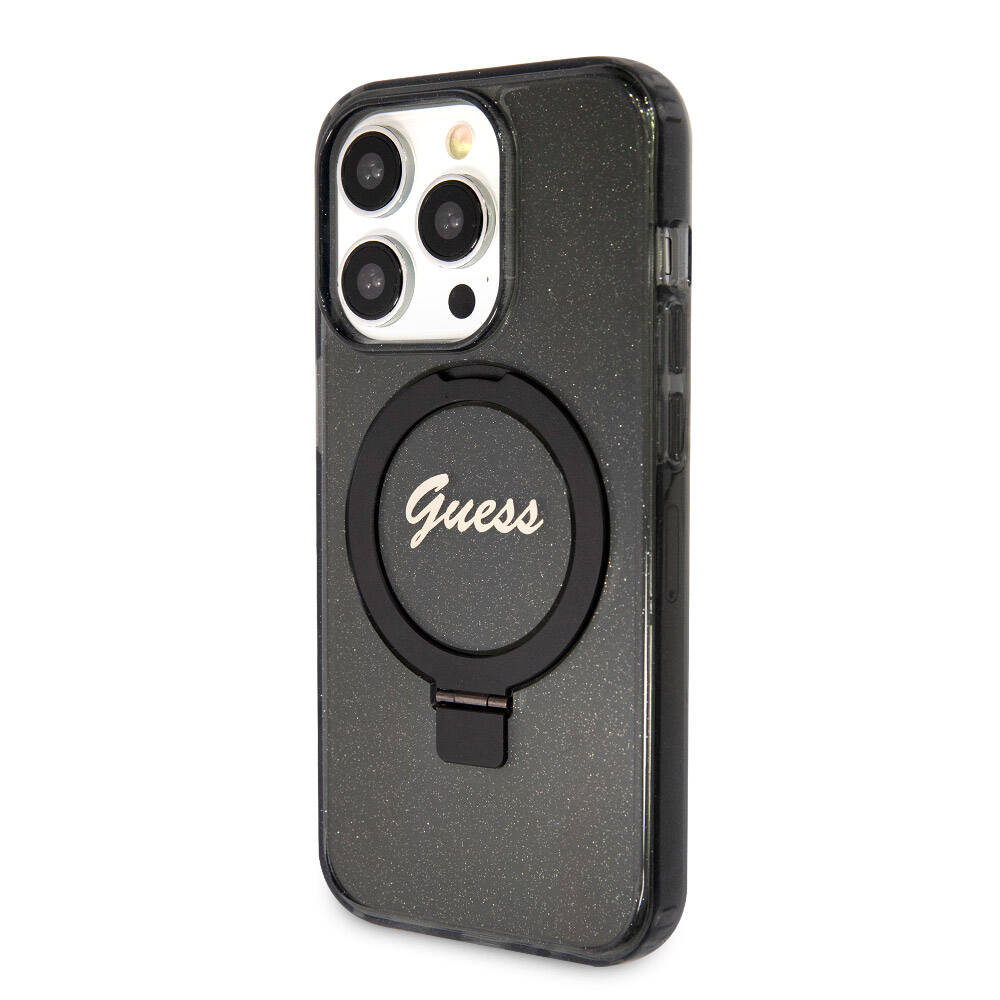 Apple iPhone 15 Pro Max Kılıf Guess Orjinal Lisanslı M-safe Şarj Özellikli Simli Arka Yüzey Ring Standlı Kapak Mor