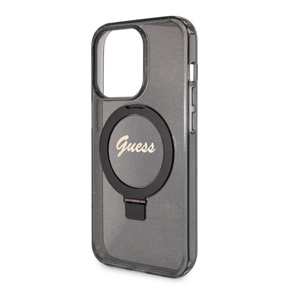 Apple iPhone 15 Pro Max Kılıf Guess Orjinal Lisanslı M-safe Şarj Özellikli Simli Arka Yüzey Ring Standlı Kapak Pembe