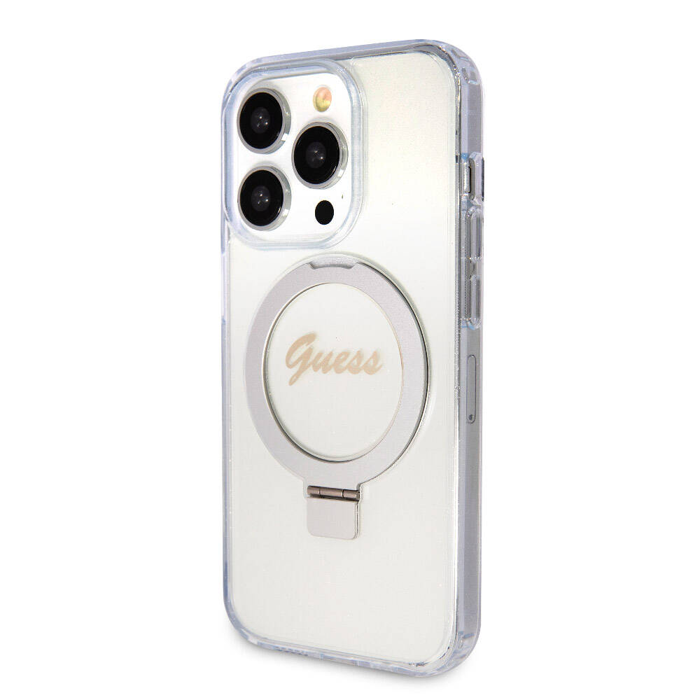 Apple iPhone 15 Pro Max Kılıf Guess Orjinal Lisanslı M-safe Şarj Özellikli Simli Arka Yüzey Ring Standlı Kapak Mor