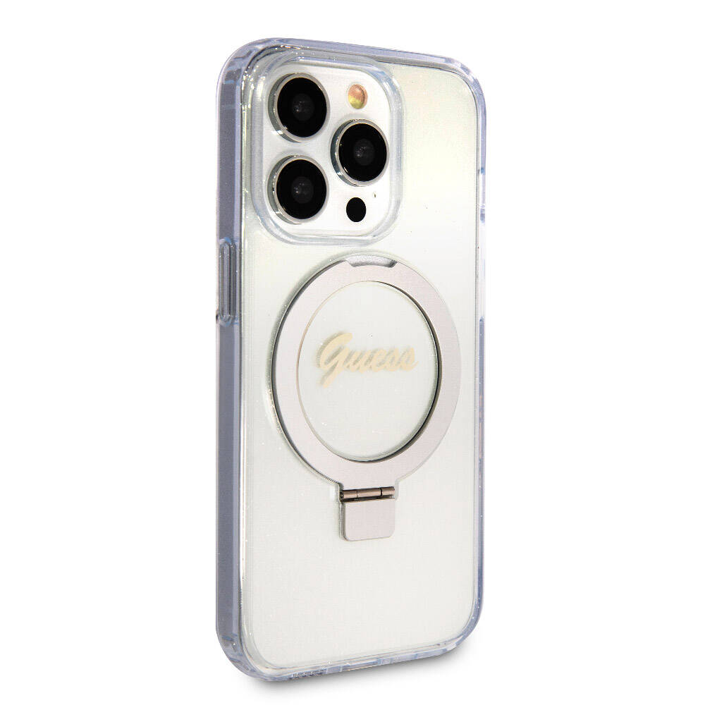 Apple iPhone 15 Pro Max Kılıf Guess Orjinal Lisanslı M-safe Şarj Özellikli Simli Arka Yüzey Ring Standlı Kapak Mor