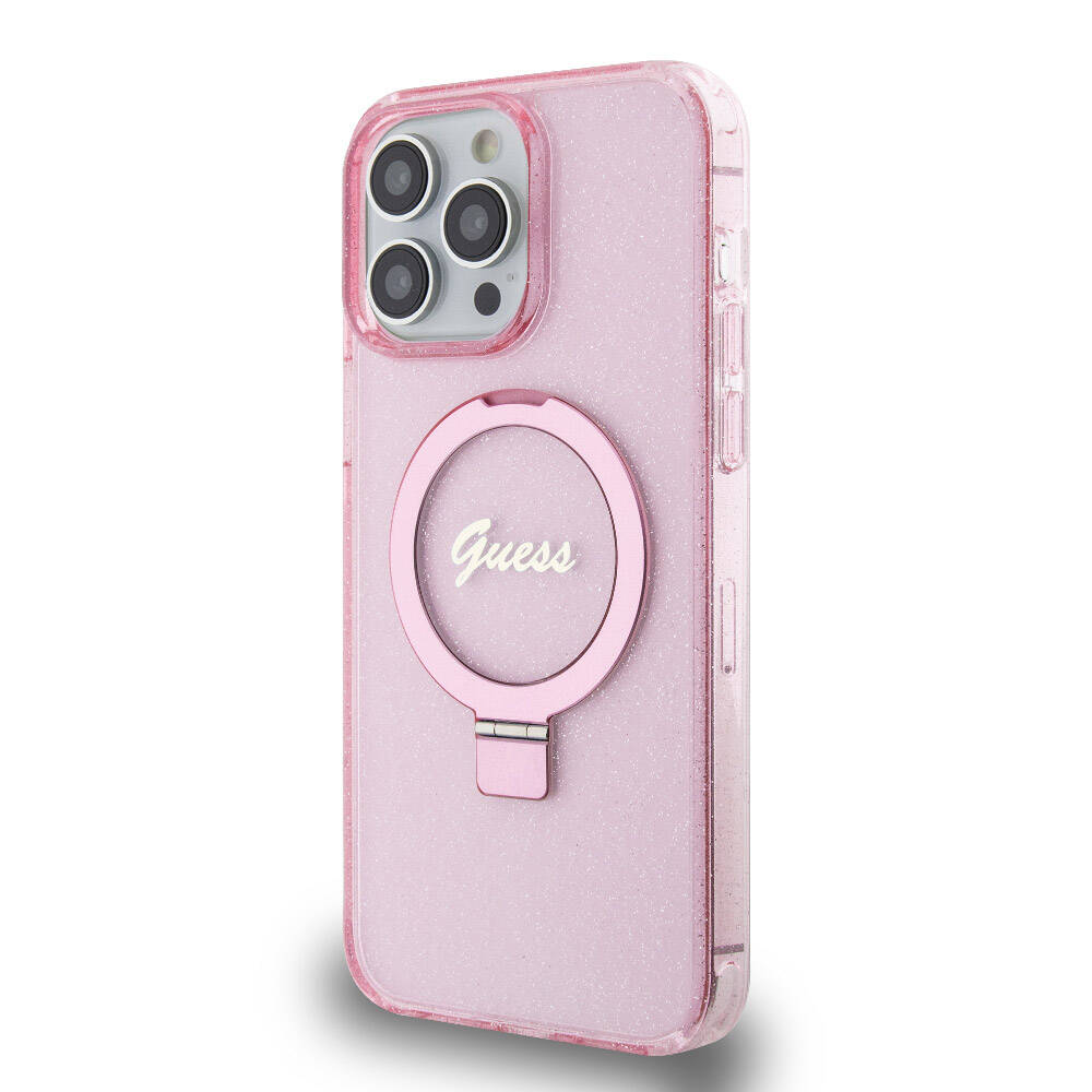 Apple iPhone 15 Pro Max Kılıf Guess Orjinal Lisanslı M-safe Şarj Özellikli Simli Arka Yüzey Ring Standlı Kapak Pembe