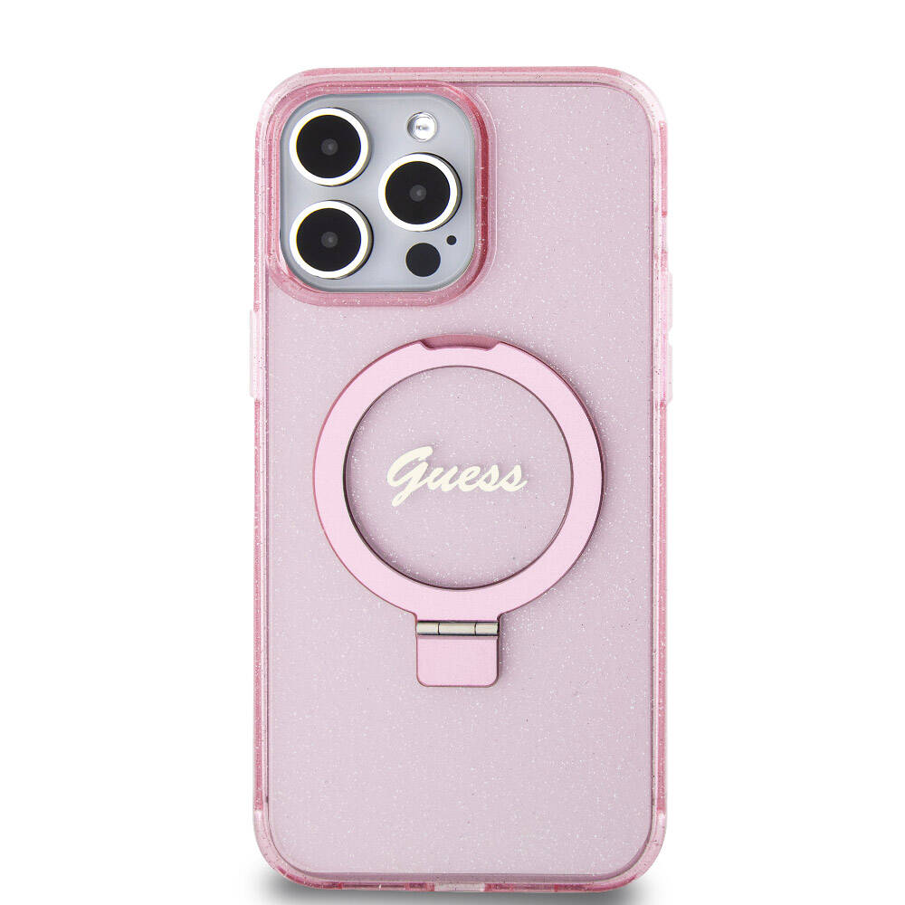 Apple iPhone 15 Pro Max Kılıf Guess Orjinal Lisanslı M-safe Şarj Özellikli Simli Arka Yüzey Ring Standlı Kapak Pembe