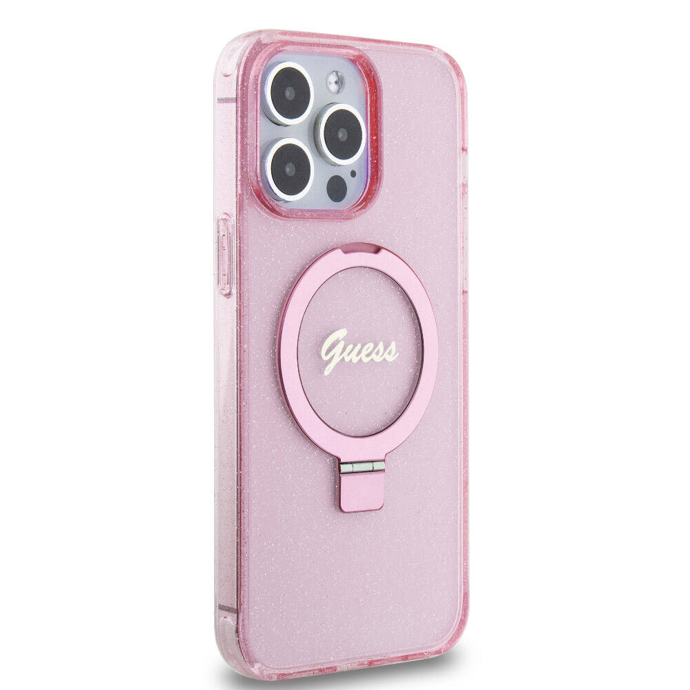 Apple iPhone 15 Pro Max Kılıf Guess Orjinal Lisanslı M-safe Şarj Özellikli Simli Arka Yüzey Ring Standlı Kapak Mor