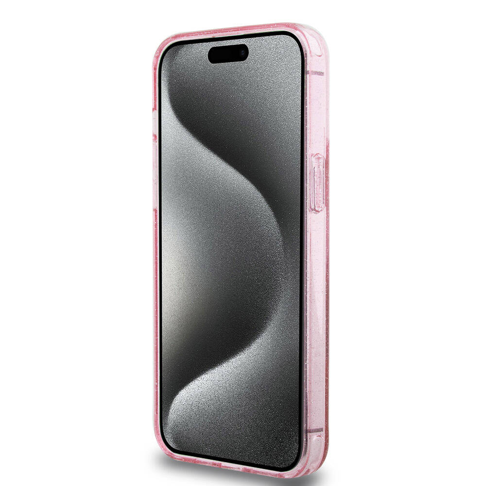 Apple iPhone 15 Pro Max Kılıf Guess Orjinal Lisanslı M-safe Şarj Özellikli Simli Arka Yüzey Ring Standlı Kapak Pembe