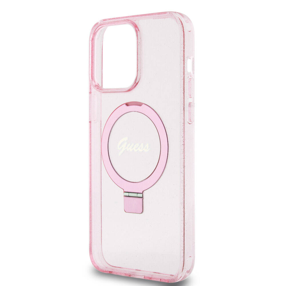Apple iPhone 15 Pro Max Kılıf Guess Orjinal Lisanslı M-safe Şarj Özellikli Simli Arka Yüzey Ring Standlı Kapak Mor