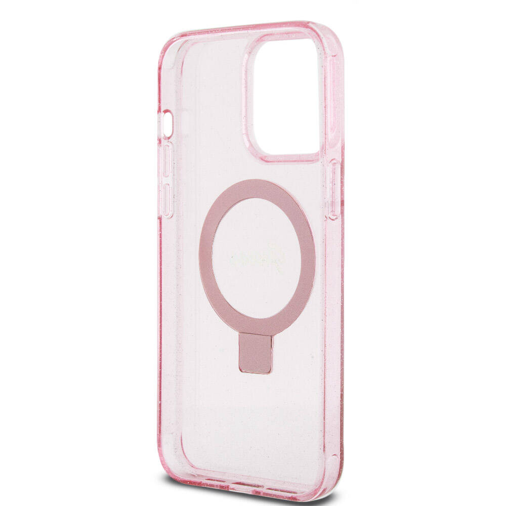 Apple iPhone 15 Pro Max Kılıf Guess Orjinal Lisanslı M-safe Şarj Özellikli Simli Arka Yüzey Ring Standlı Kapak Mor
