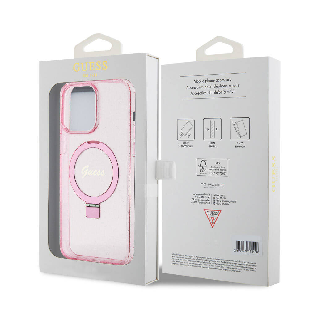 Apple iPhone 15 Pro Max Kılıf Guess Orjinal Lisanslı M-safe Şarj Özellikli Simli Arka Yüzey Ring Standlı Kapak Mor