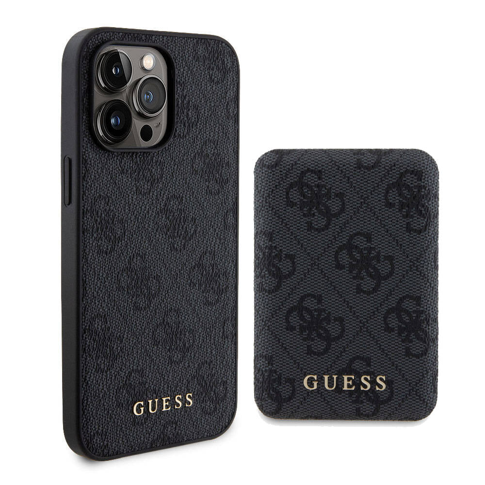 Apple iPhone 15 Pro Max Kılıf Guess Orjinal Lisanslı M-safe Şarj Özellikli Yazı Logolu 4G Desenli Kapak + Powerbank 5000mAh 2in1 Set Kahverengi