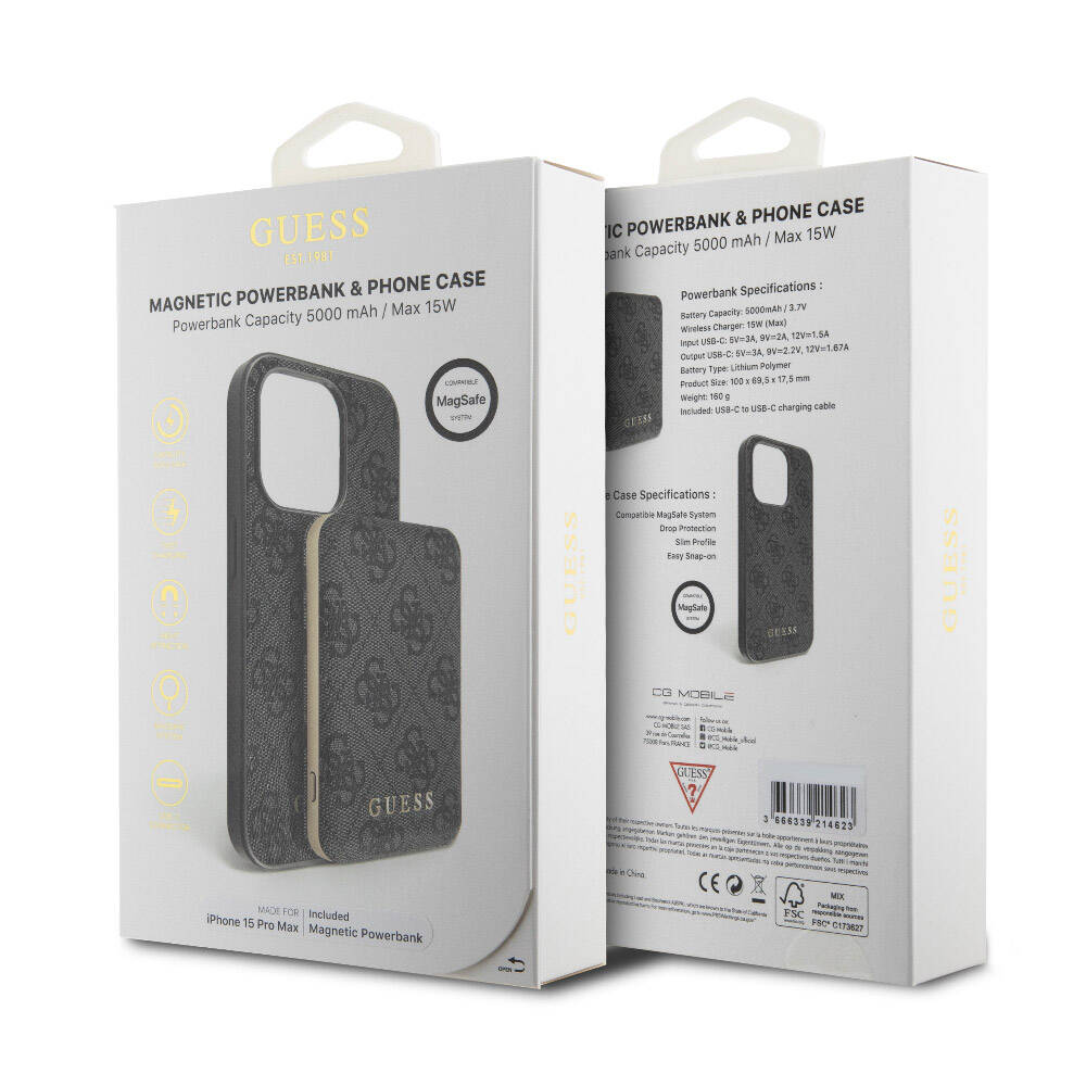 Apple iPhone 15 Pro Max Kılıf Guess Orjinal Lisanslı M-safe Şarj Özellikli Yazı Logolu 4G Desenli Kapak + Powerbank 5000mAh 2in1 Set Kahverengi