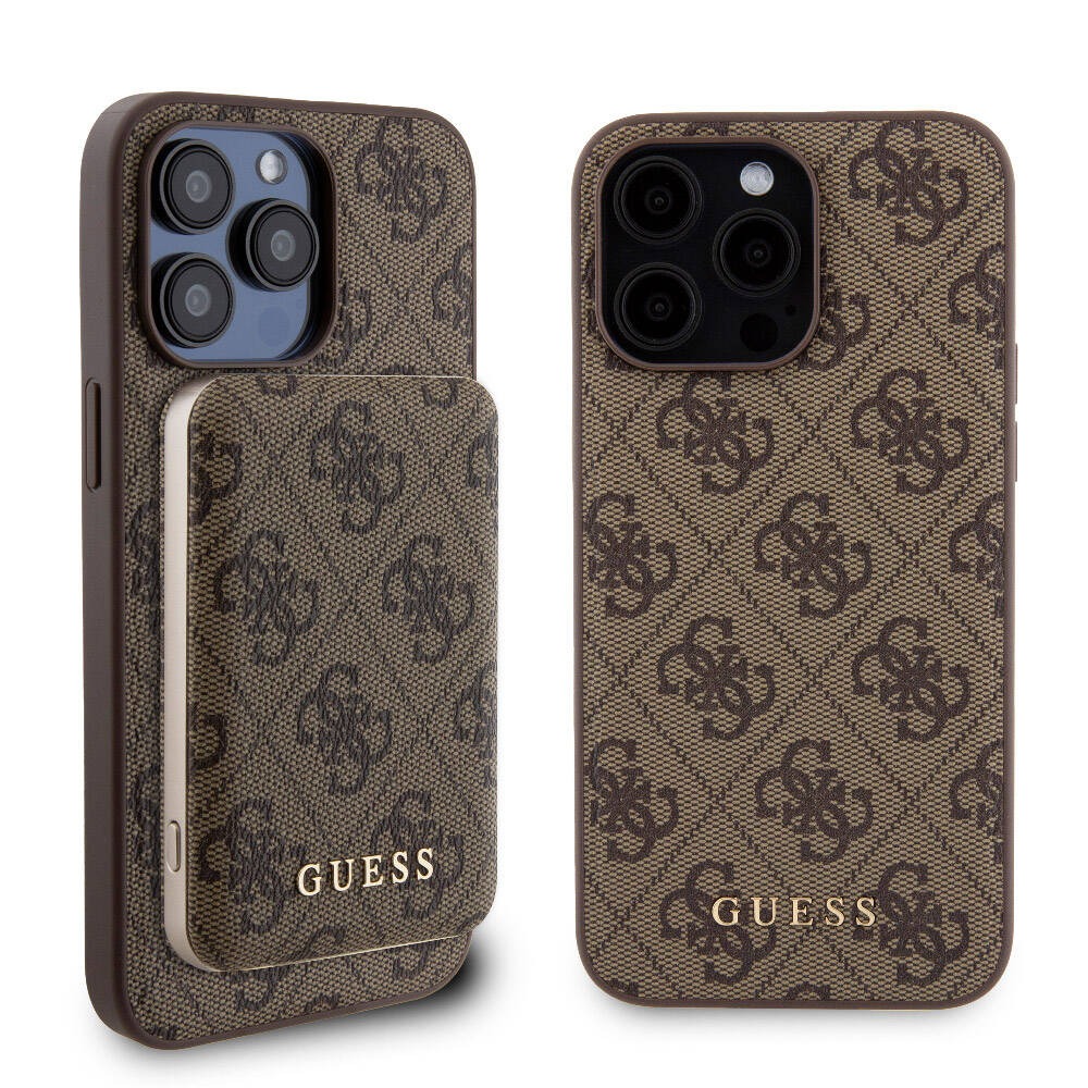 Apple iPhone 15 Pro Max Kılıf Guess Orjinal Lisanslı M-safe Şarj Özellikli Yazı Logolu 4G Desenli Kapak + Powerbank 5000mAh 2in1 Set Kahverengi