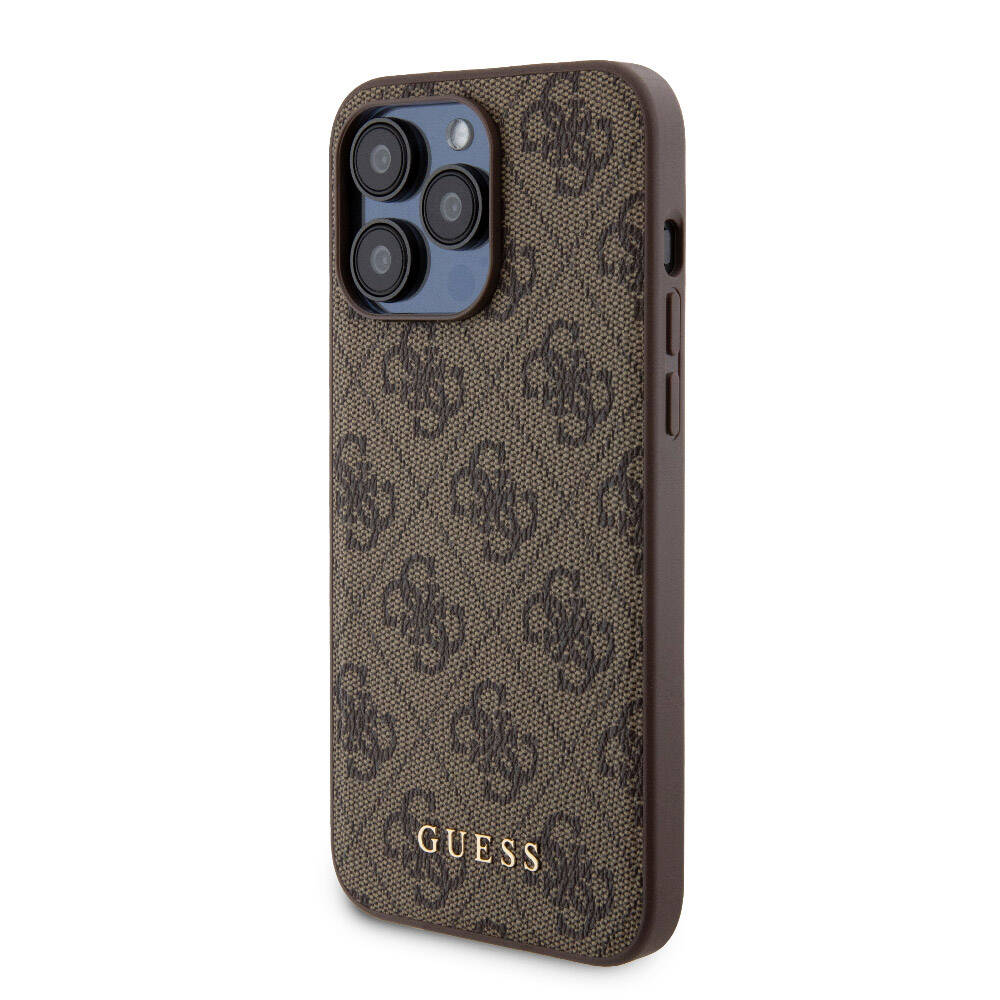 Apple iPhone 15 Pro Max Kılıf Guess Orjinal Lisanslı M-safe Şarj Özellikli Yazı Logolu 4G Desenli Kapak + Powerbank 5000mAh 2in1 Set Kahverengi
