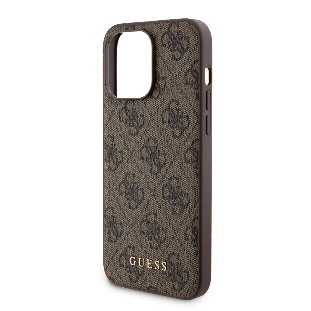Apple iPhone 15 Pro Max Kılıf Guess Orjinal Lisanslı M-safe Şarj Özellikli Yazı Logolu 4G Desenli Kapak + Powerbank 5000mAh 2in1 Set Kahverengi