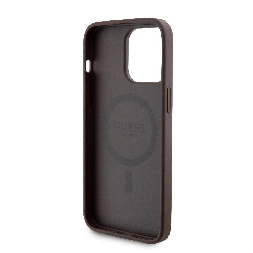 Apple iPhone 15 Pro Max Kılıf Guess Orjinal Lisanslı M-safe Şarj Özellikli Yazı Logolu 4G Desenli Kapak + Powerbank 5000mAh 2in1 Set Kahverengi