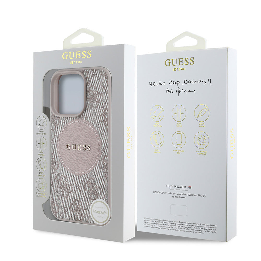 Apple iPhone 15 Pro Max Kılıf Guess Orjinal Lisanslı M-safe Şarj Özellikli Yazı Logolu Circle Classic Kapak Kahverengi