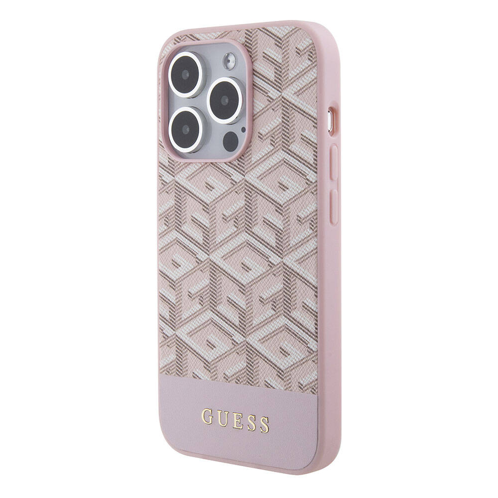 Apple iPhone 15 Pro Max Kılıf Guess Orjinal Lisanslı M-safe Şarj Özellikli Yazı Logolu GCube Desenli Kapak Pembe