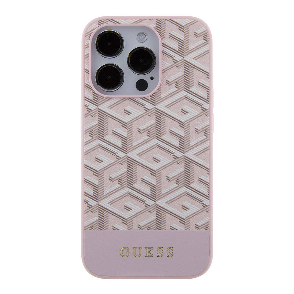 Apple iPhone 15 Pro Max Kılıf Guess Orjinal Lisanslı M-safe Şarj Özellikli Yazı Logolu GCube Desenli Kapak Pembe